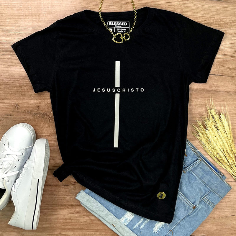 Camiseta Feminina Preta Cruz Prata Jesus Cristo
