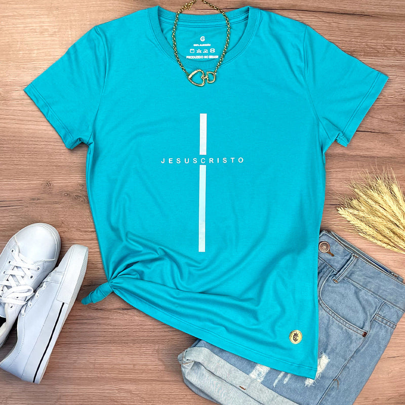 Camiseta Feminina Turquesa Cruz Prata Jesus Cristo