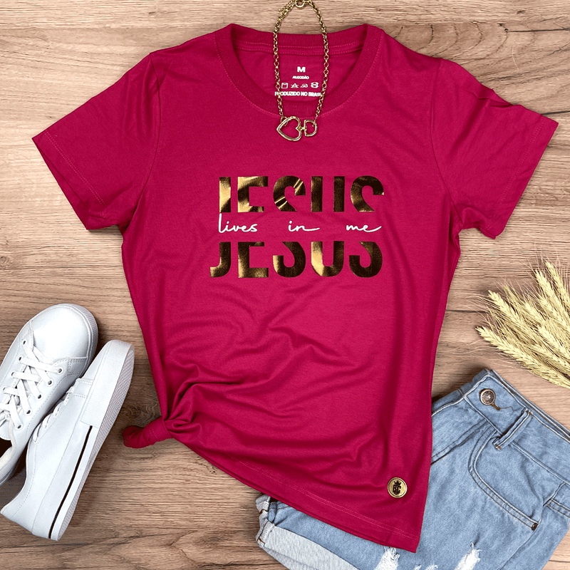 Camiseta Feminina Pink Jesus Lives In Me