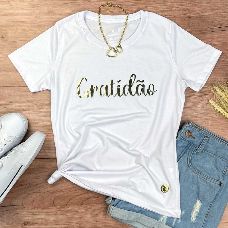 Camiseta Feminina Branca Gratidão Dourado