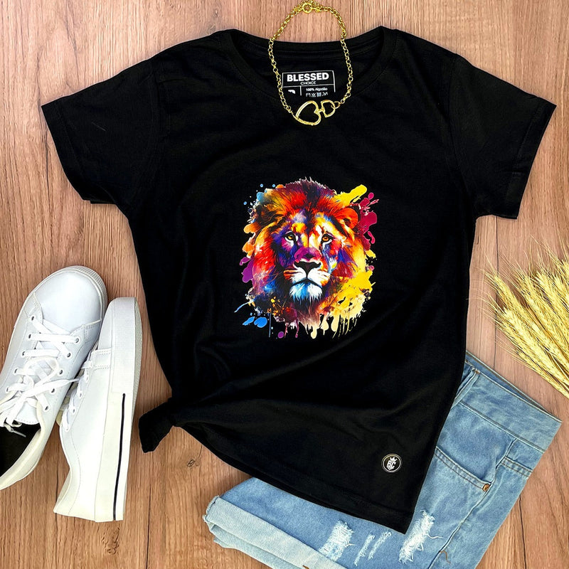 Camiseta Feminina Preta Leão Colorido