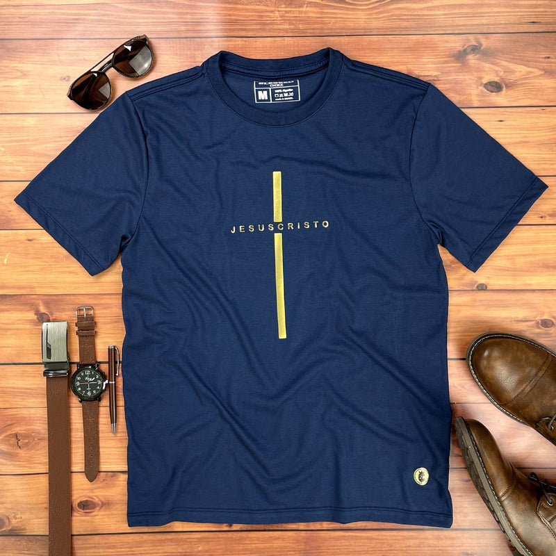 Camiseta Masculina Azul Cruz Dourada Jesus Cristo