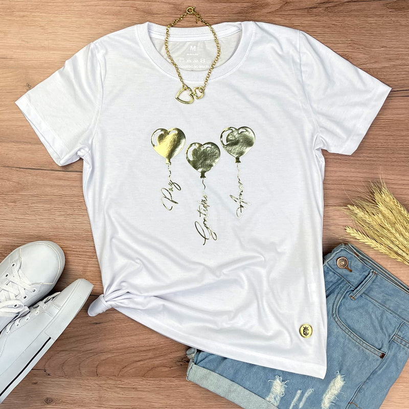 Camiseta Feminina Branca Coração Paz Amor Dourado
