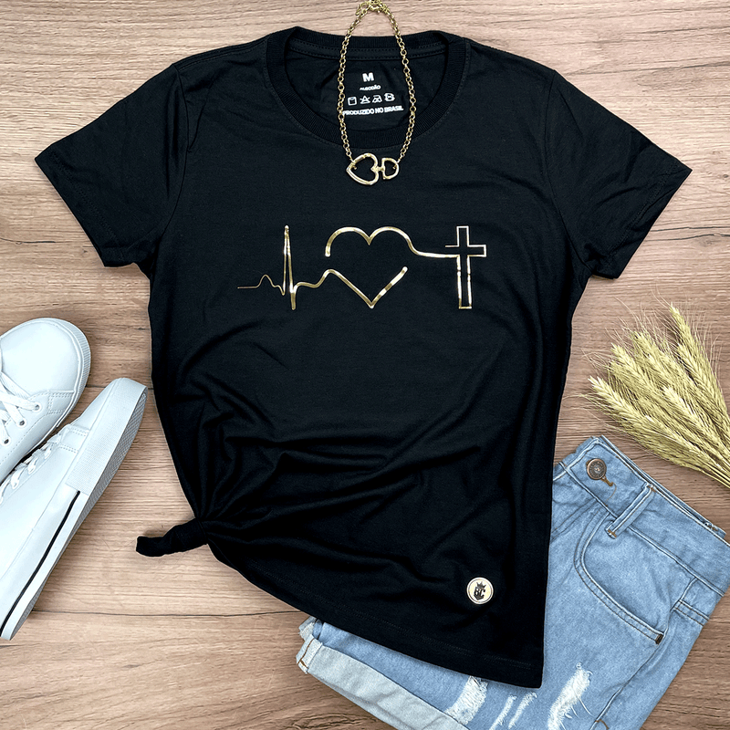 Camiseta Feminina Preta Batimento Coração Dourado